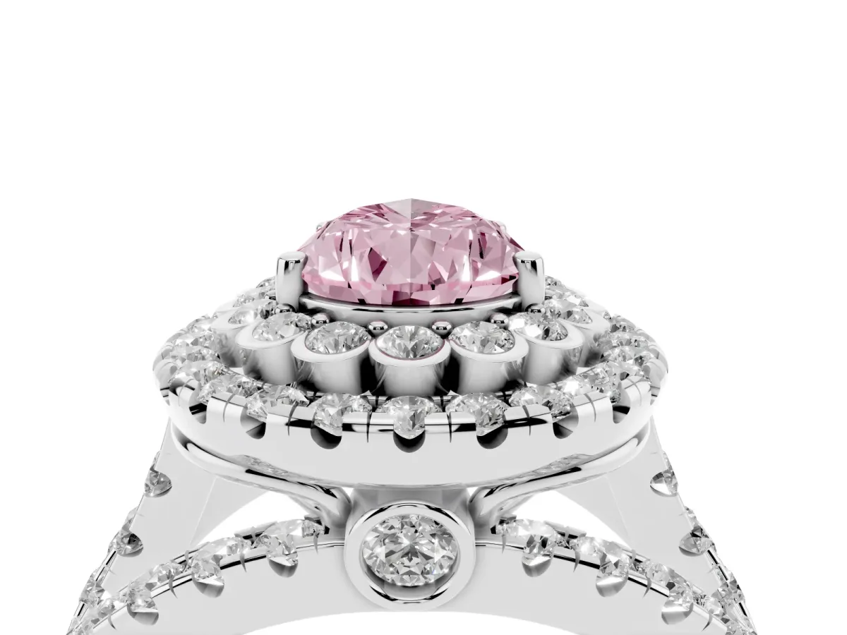 Fancy Pink Pear Cut Diamond Double Halo Ring with Round Pavé Split Shank and Prong Setting Silver