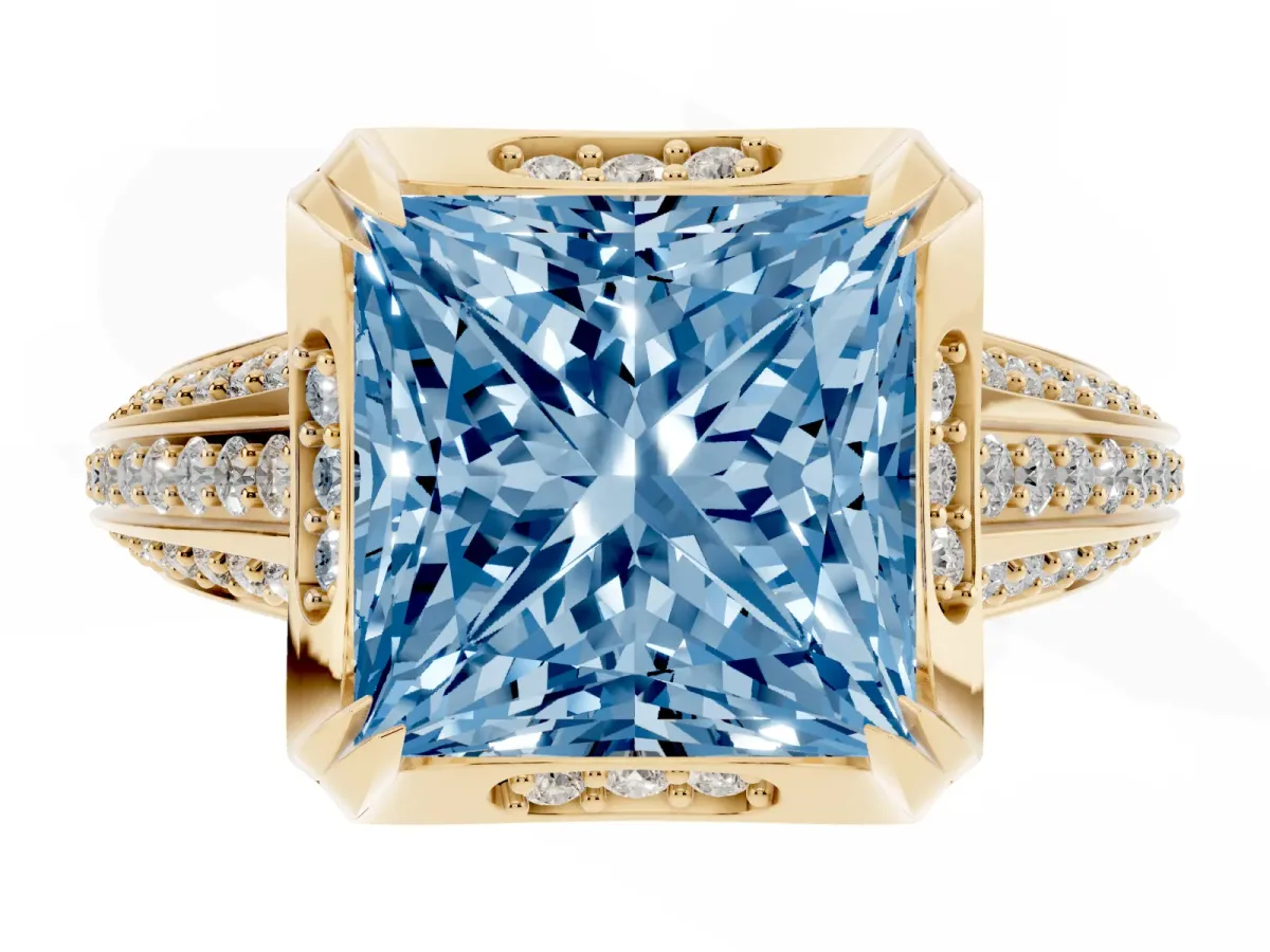 Fancy Blue Princess Cut Solitaire Pave Split Shank Ring with Four-Prong Setting Yellow gold