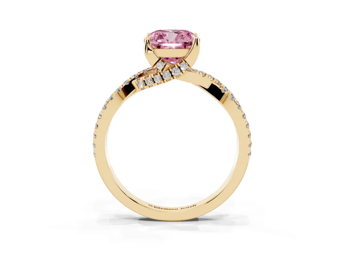 Fancy Pink Cushion Cut Solitaire Twist Pave Diamond Engagement Ring with Prong Setting Yellow gold