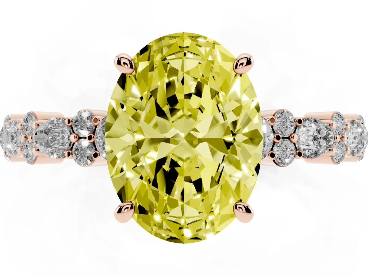 Fancy Yellow Oval Cut Diamond Side Stone Solitaire Ring with Round and Four-Prong Setting Rose gold