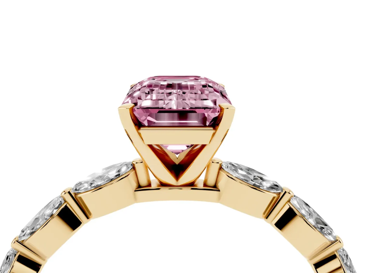 Fancy Pink Emerald Cut Diamond Ring with Marquise Side Stones and Prong Setting Yellow gold
