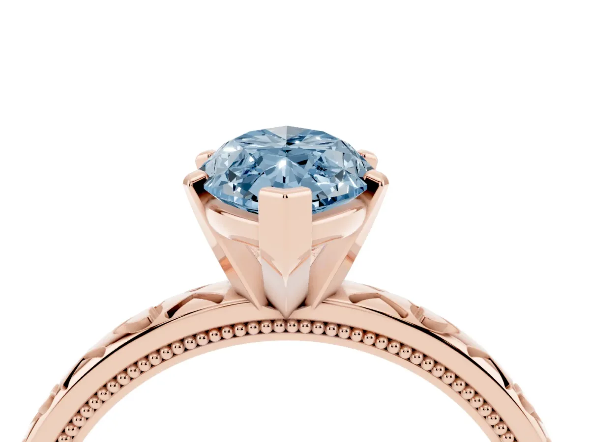 Fancy Blue Marquise Cut Solitaire Diamond Engagement Ring with XO Engraved Band and Four-Prong Setting Rose gold