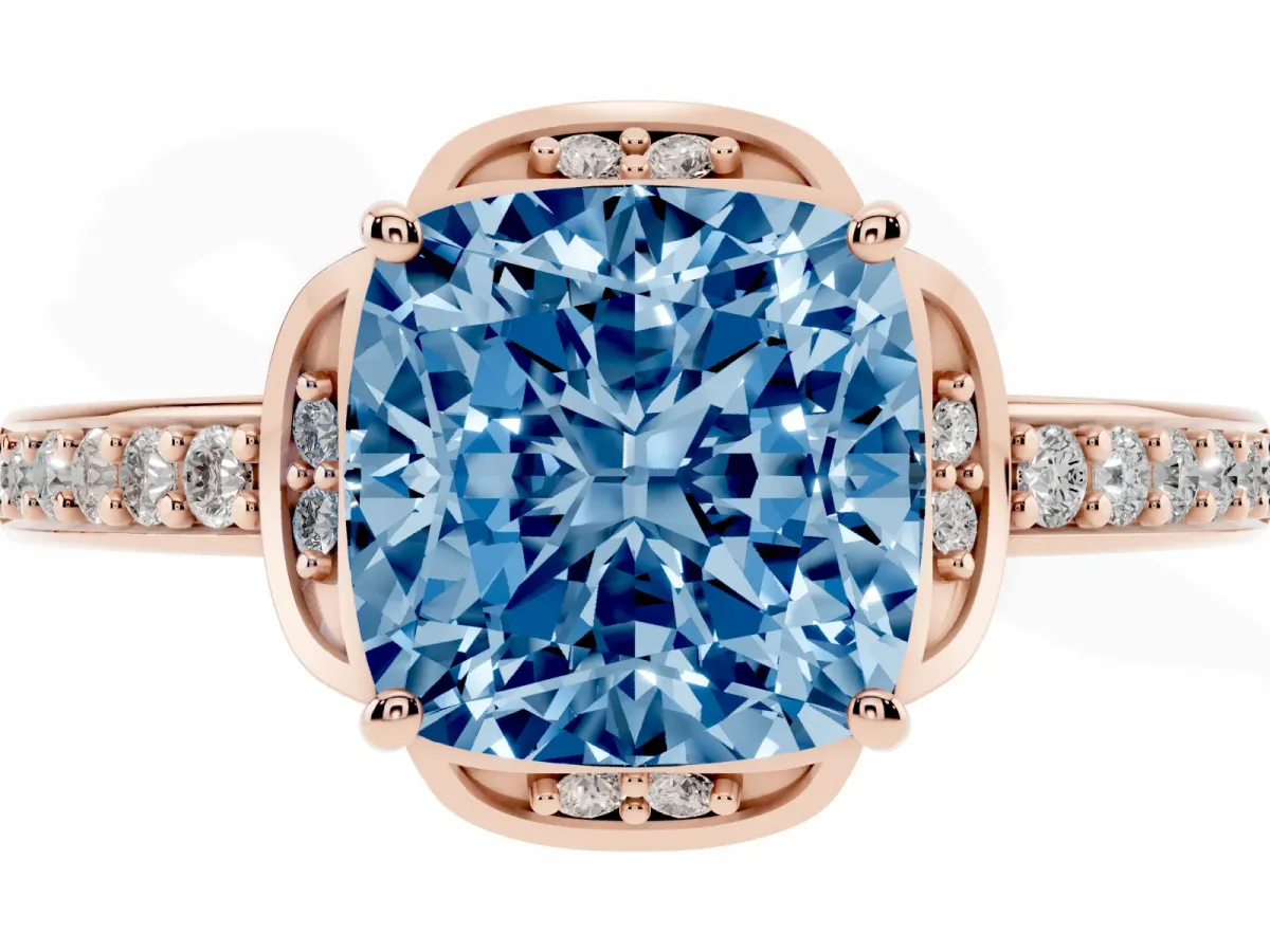 Fancy Blue Cushion Cut Cut Halo Diamond Ring with Channel Set Band and Four-Prong Setting Rose gold