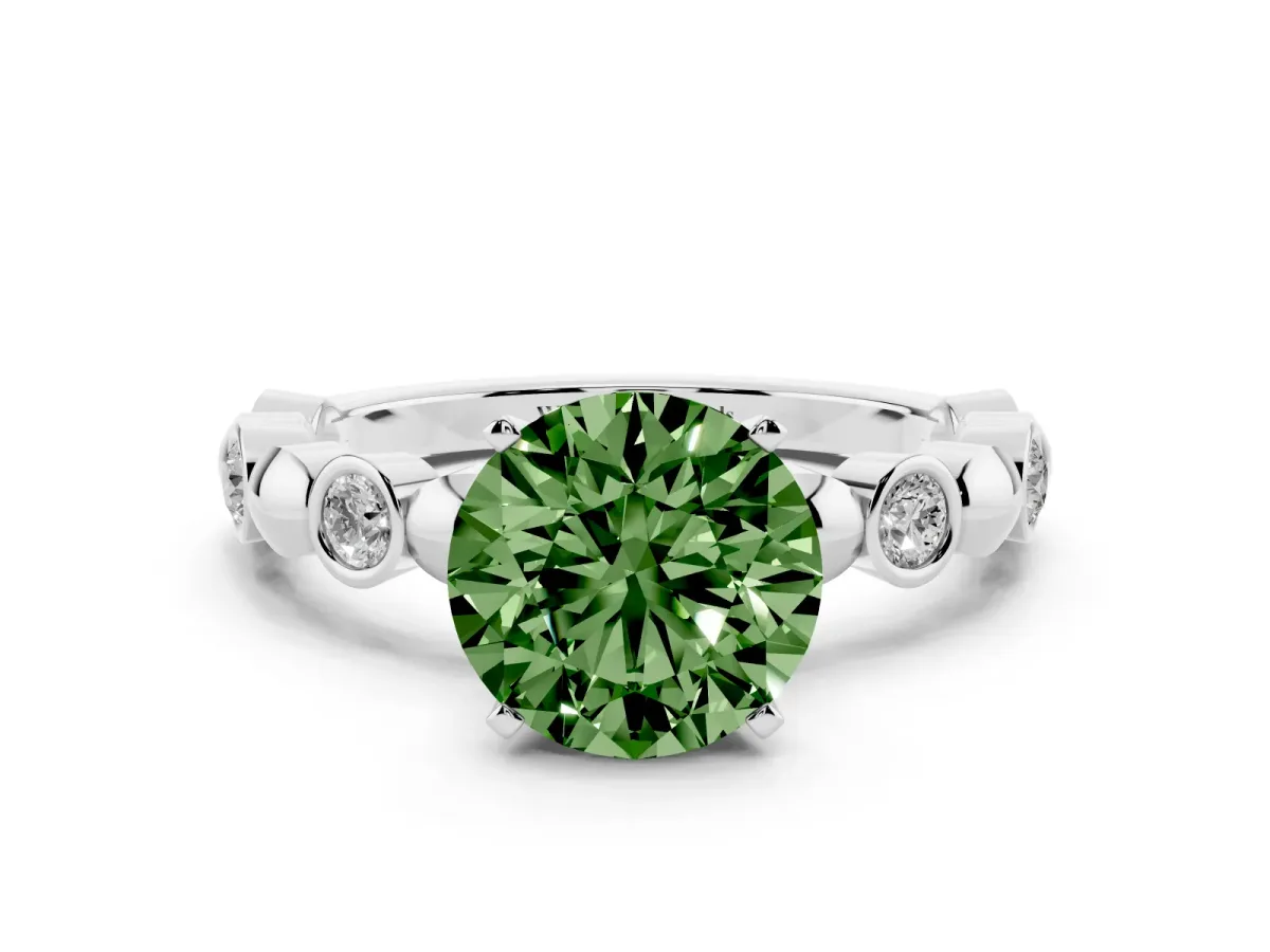Fancy Green Round Cut Solitaire Bezel-Set Diamond Ring with Beaded Band and Four-Prong Setting Silver