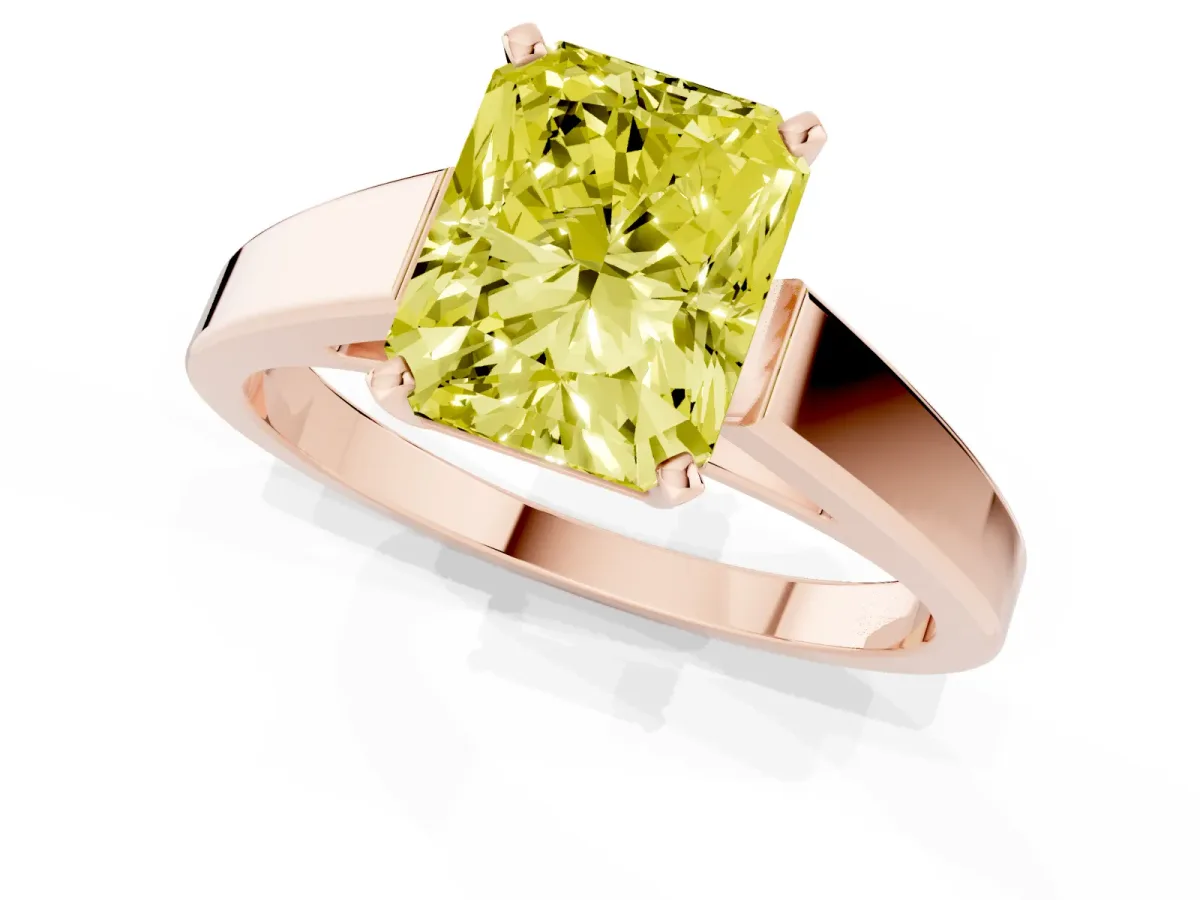 Fancy Yellow Radiant Cut Solitaire Engagement Ring with Four-Prong Setting and Tapered Band Rose gold