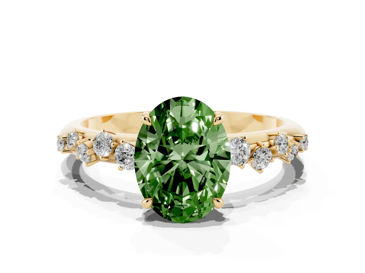 Fancy Green Oval Cut Diamond Cluster Prong-Set Solitaire Ring Yellow gold
