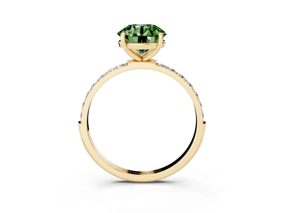 Fancy Green Round Cut Diamond Solitaire Ring with Round Pavé Shoulders and Prong Setting Yellow gold