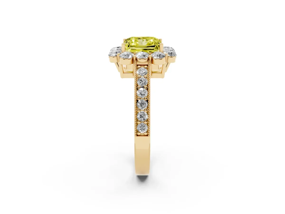Fancy Yellow Princess Cut Cut Halo Diamond Pavé Engagement Ring with Milgrain Detailing Yellow gold