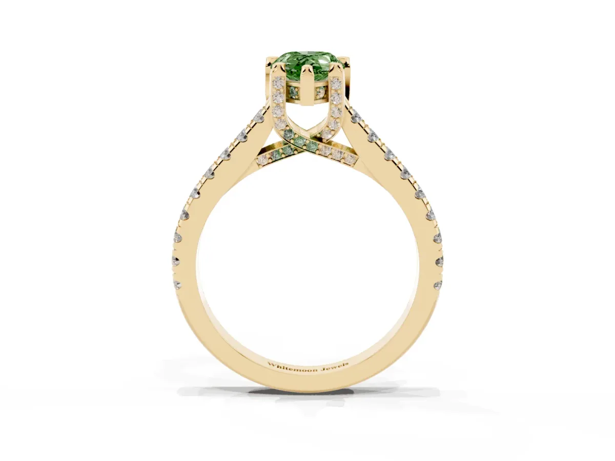 Fancy Green Pear Cut Brilliant Diamond Solitaire with Pavé Band and Four-Prong Setting Yellow gold