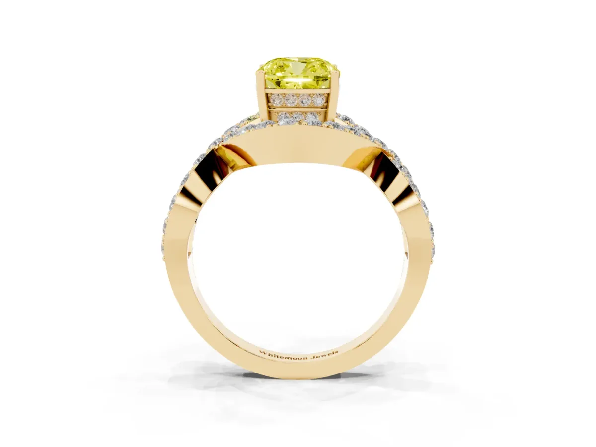 Fancy Yellow Cushion Cut Solitaire Twist Band Pavé Diamond Engagement Ring Yellow gold