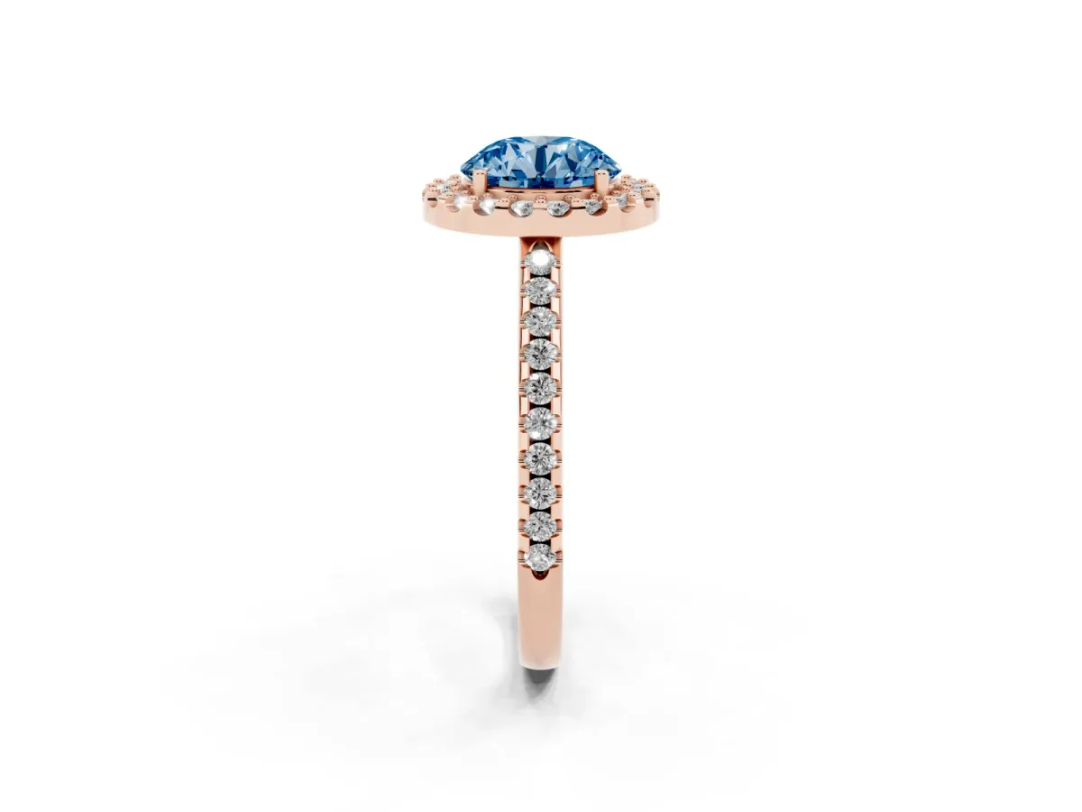 Fancy Blue Round Cut Diamond Pavé Halo Ring with Four-Prong Setting Rose gold