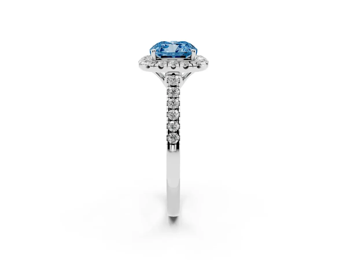Fancy Blue Cushion Cut Halo Pavé Diamond Engagement Ring with Four-Prong Setting Platinum