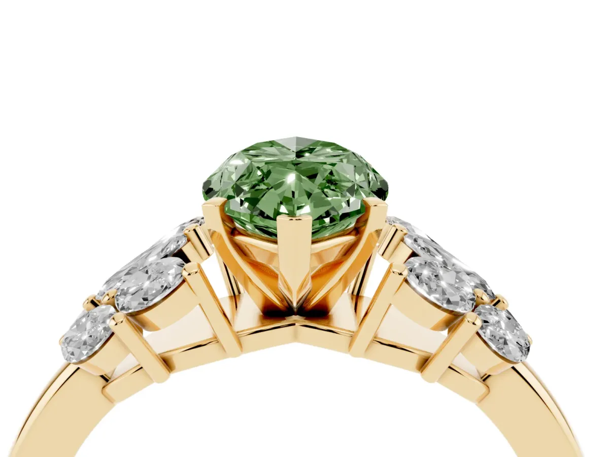 Fancy Green Marquise Cut Diamond Cluster Leaf Design Ring with Prong Setting Yellow gold