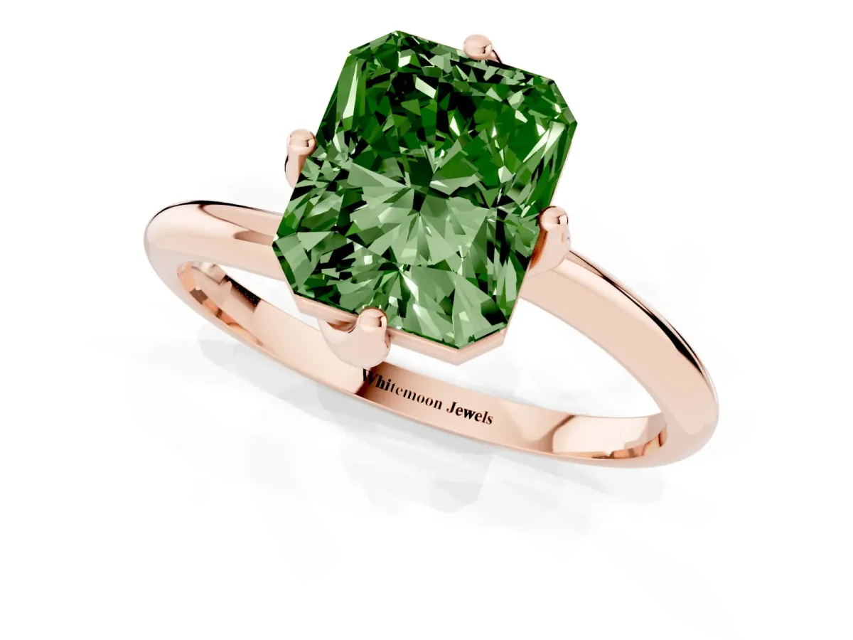 Fancy Green Radiant Cut Diamond Solitaire Engagement Ring with Four-Prong Setting and Classic Band Rose gold