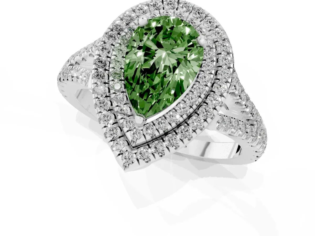 Fancy Green Pear Cut Diamond Double Halo Ring with Pavé Band and Prong Setting Silver
