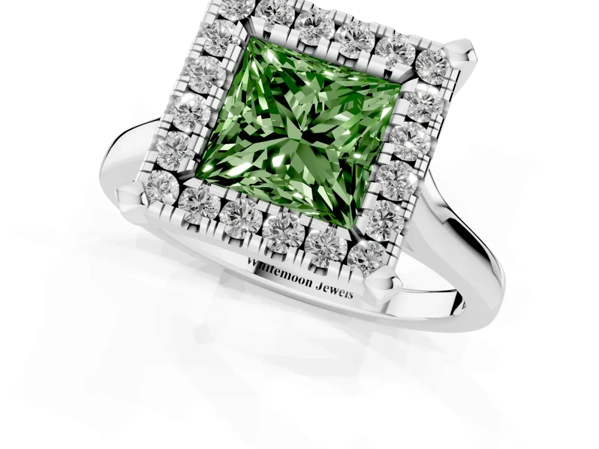 Fancy Green Princess Cut Diamond Cluster Halo Solitaire with Four-Prong Setting Silver