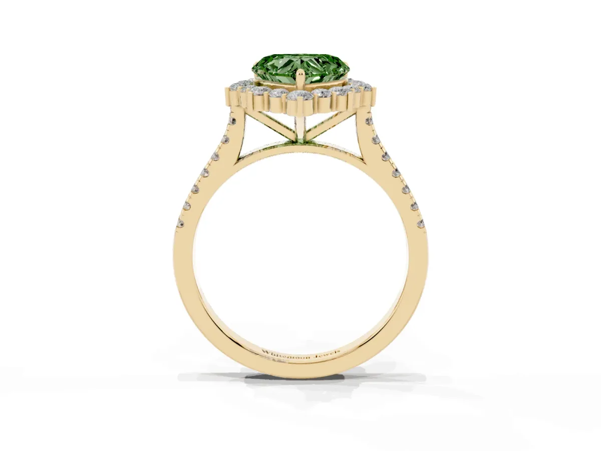Fancy Green Heart Cut Halo Diamond Ring with Pavé Band and Prong Setting Yellow gold
