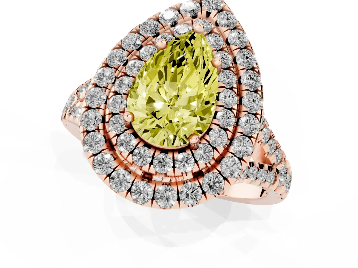 Fancy Yellow Double Halo Pear Cut Diamond Pavé Split Shank Ring with Prong Setting Rose gold