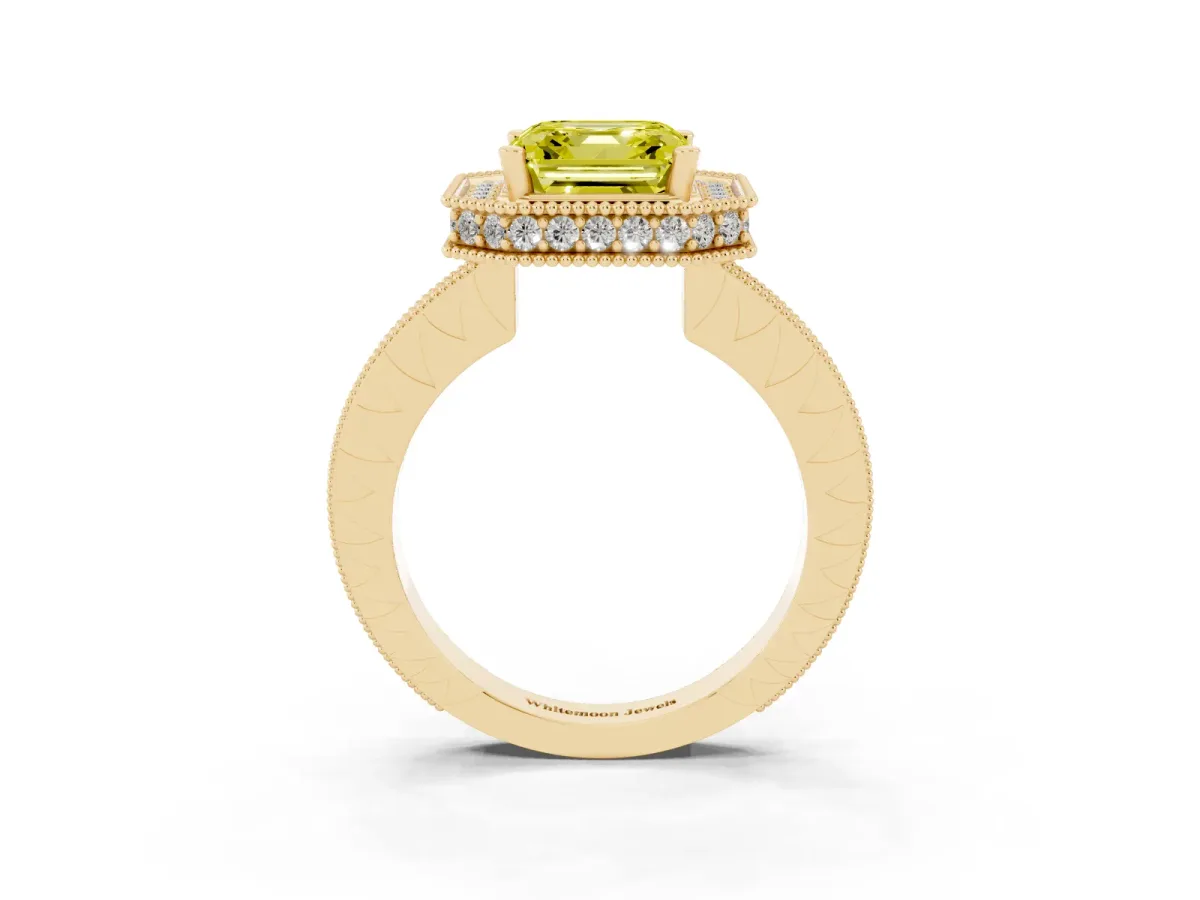 Fancy Yellow Asscher Cut Diamond Milgrain Halo Engagement Ring with Round Pavé Band and Prong Setting Yellow gold