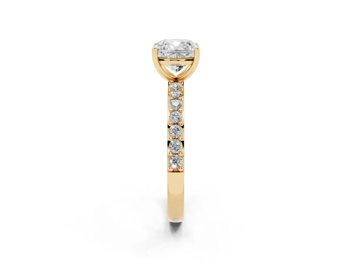 Cushion Cut Cut Diamond Solitaire with Pave Band and Four-Prong Setting Yellow gold