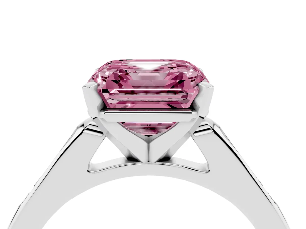 Fancy Pink Asscher Cut Diamond Solitaire Ring with Channel Set Round Band and Prong Setting Silver