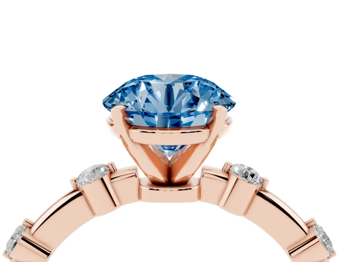 Fancy Blue Round Cut Solitaire Diamond Ring with Bezel Set Side Stones and Prong Setting Rose gold