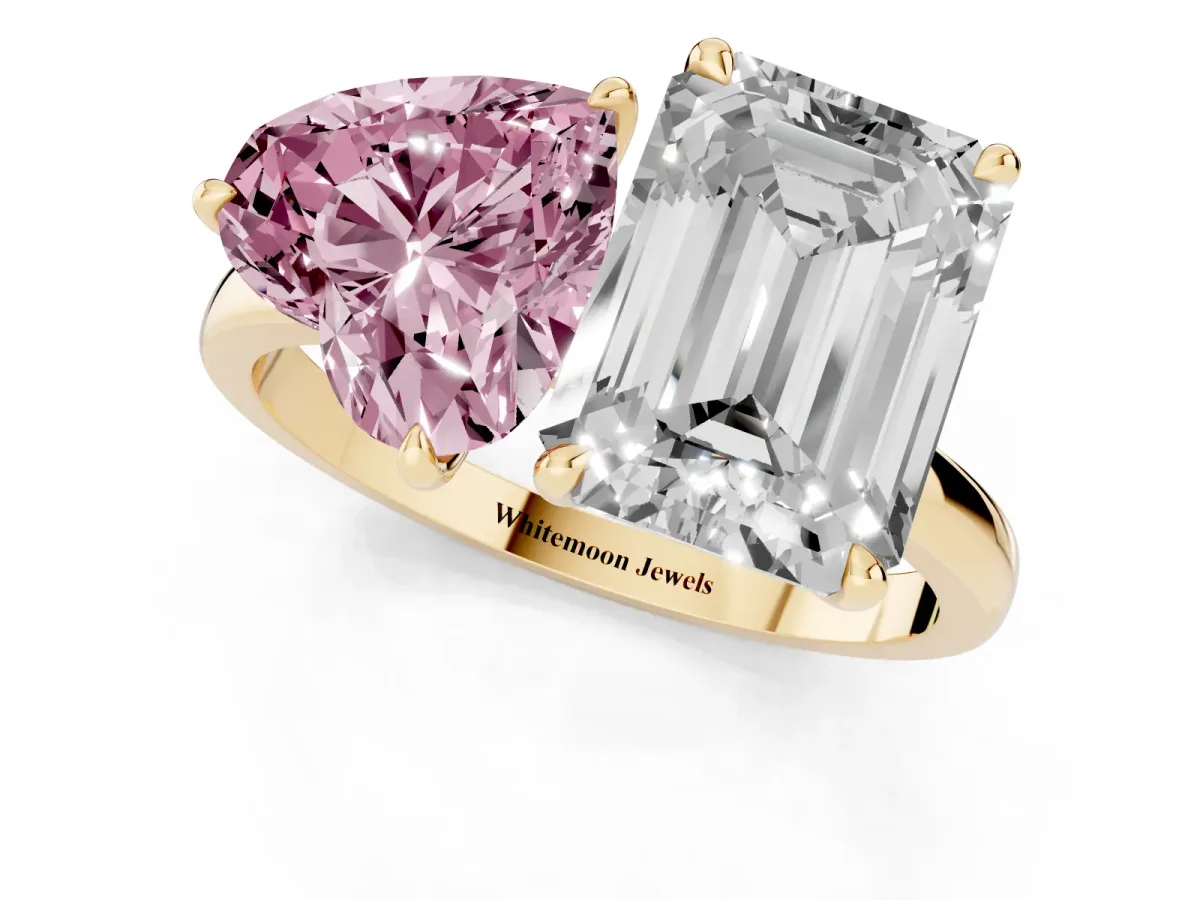 Fancy Pink Heart Cut and Emerald Cut Toi Moi Ring with Prong Setting Yellow gold