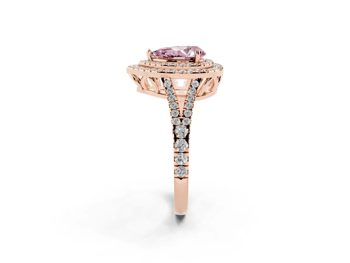 Fancy Pink Pear Cut Diamond Double Halo Ring with Pavé Band and Prong Setting Rose gold