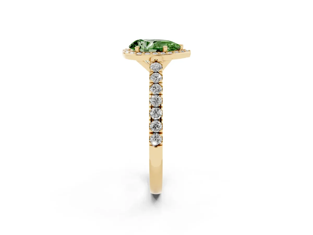 Fancy Green Pear Cut Cut Halo Diamond Engagement Ring with Pave Band and Four-Prong Setting Yellow gold