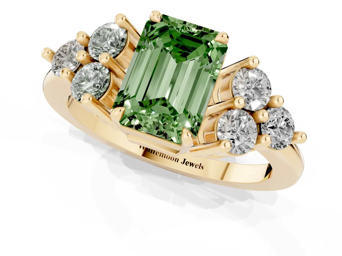 Fancy Green Emerald Cut Brilliant Diamond Cluster Accent Solitaire Ring with Prong Setting Yellow gold