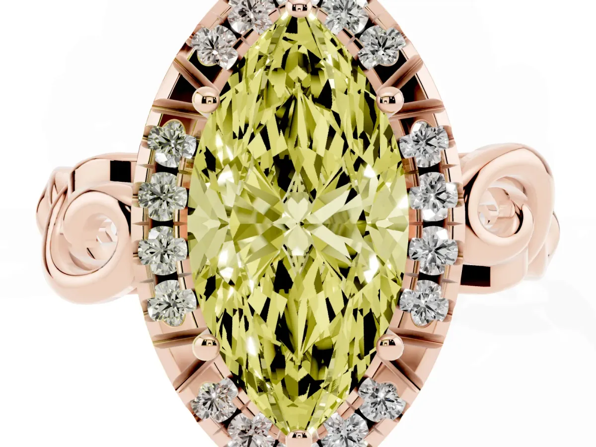 Fancy Yellow Marquise Cut Cut Halo Diamond Ring with Scrollwork Band and Four-Prong Setting Rose gold