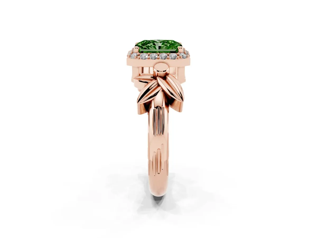 Fancy Green Radiant Cut Halo Diamond Floral Band with Four-Prong Setting Rose gold