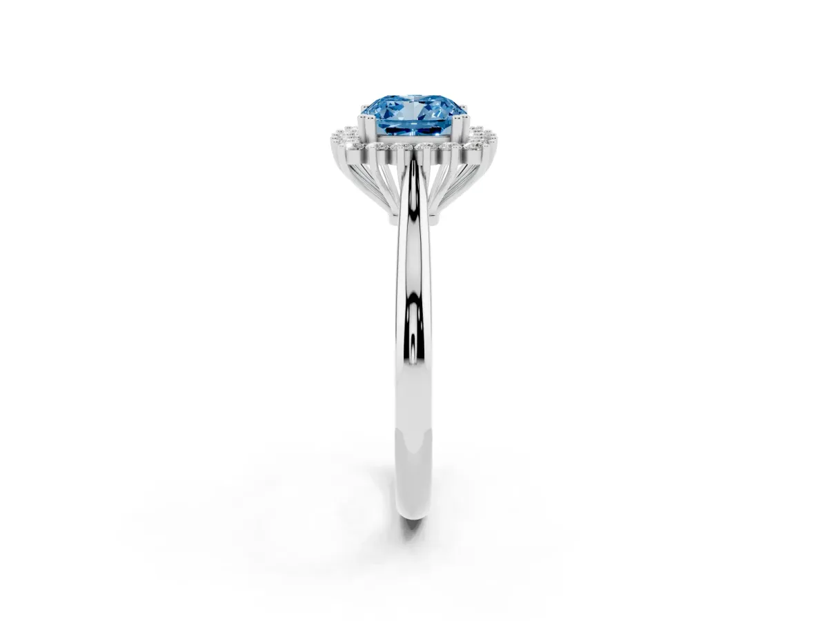 Fancy Blue Cushion Cut Cut Diamond Halo Ring with Solitaire Band and Prong Setting Platinum