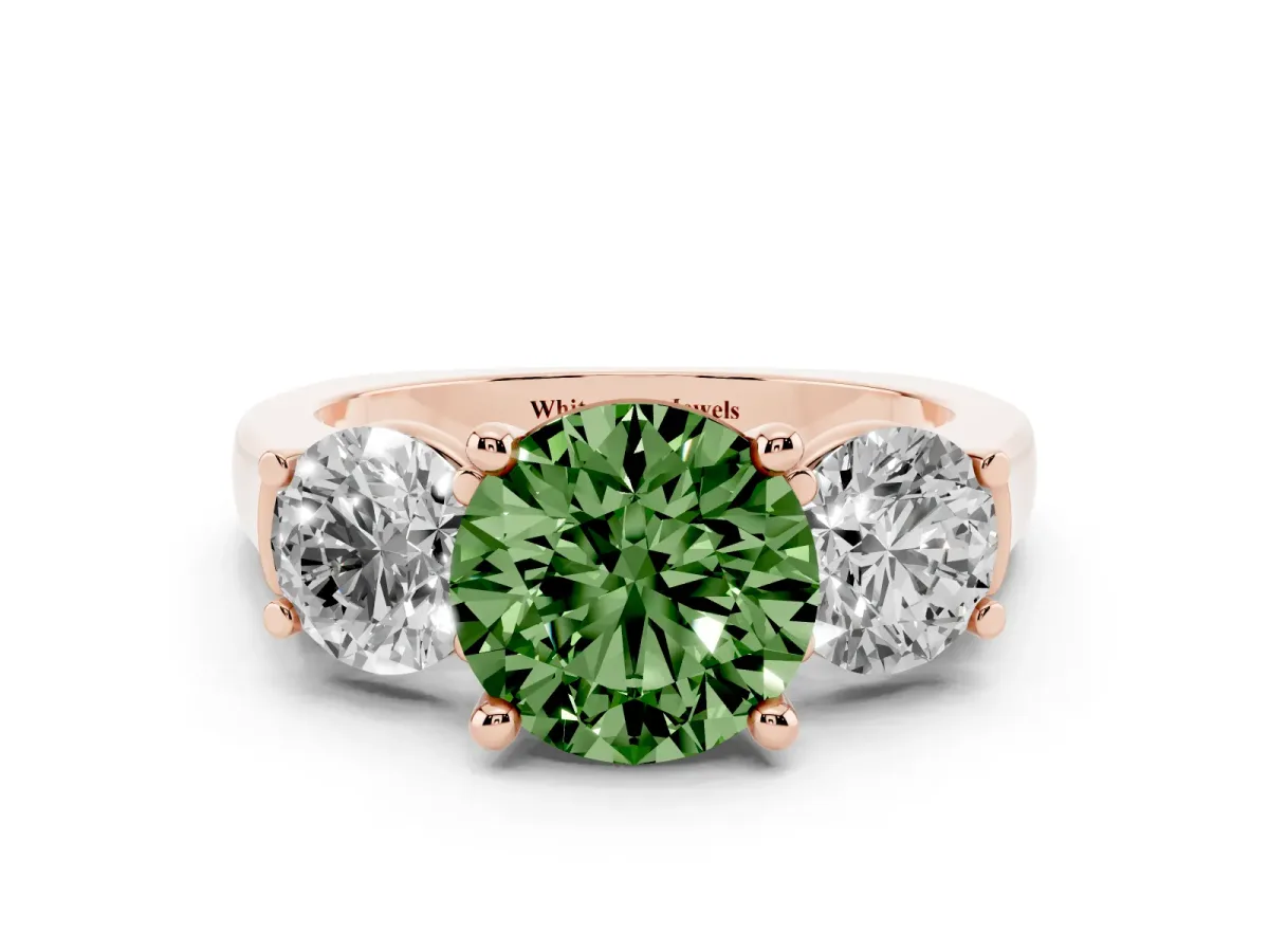 Fancy Green Three-Stone Round Cut Brilliant Diamond Trellis Ring with Comfort Fit Band Rose gold