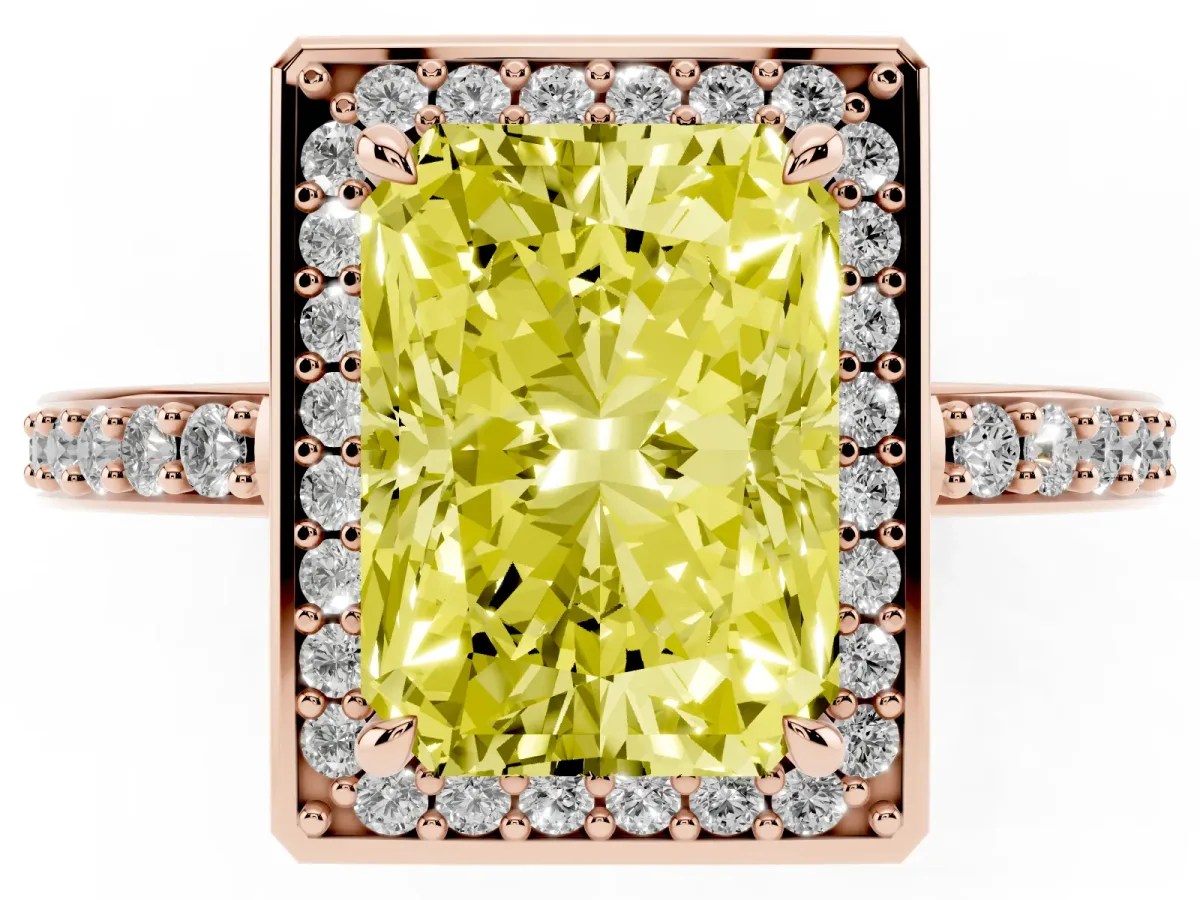 Fancy Yellow Radiant Cut Halo Pave Band Solitaire Ring with Prong Setting Rose gold