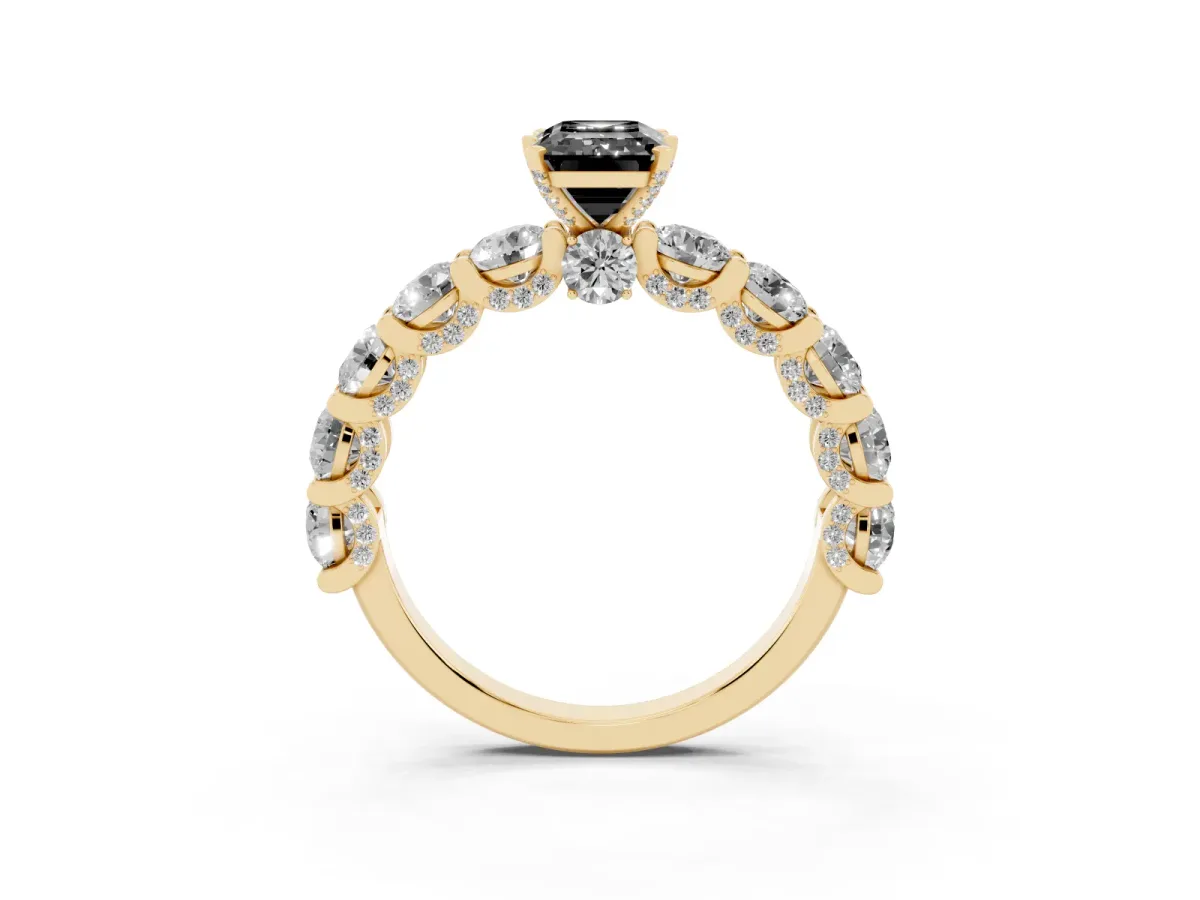 Fancy Black Emerald Cut Diamond Side Stone Engagement Ring with Four-Prong Setting Yellow gold