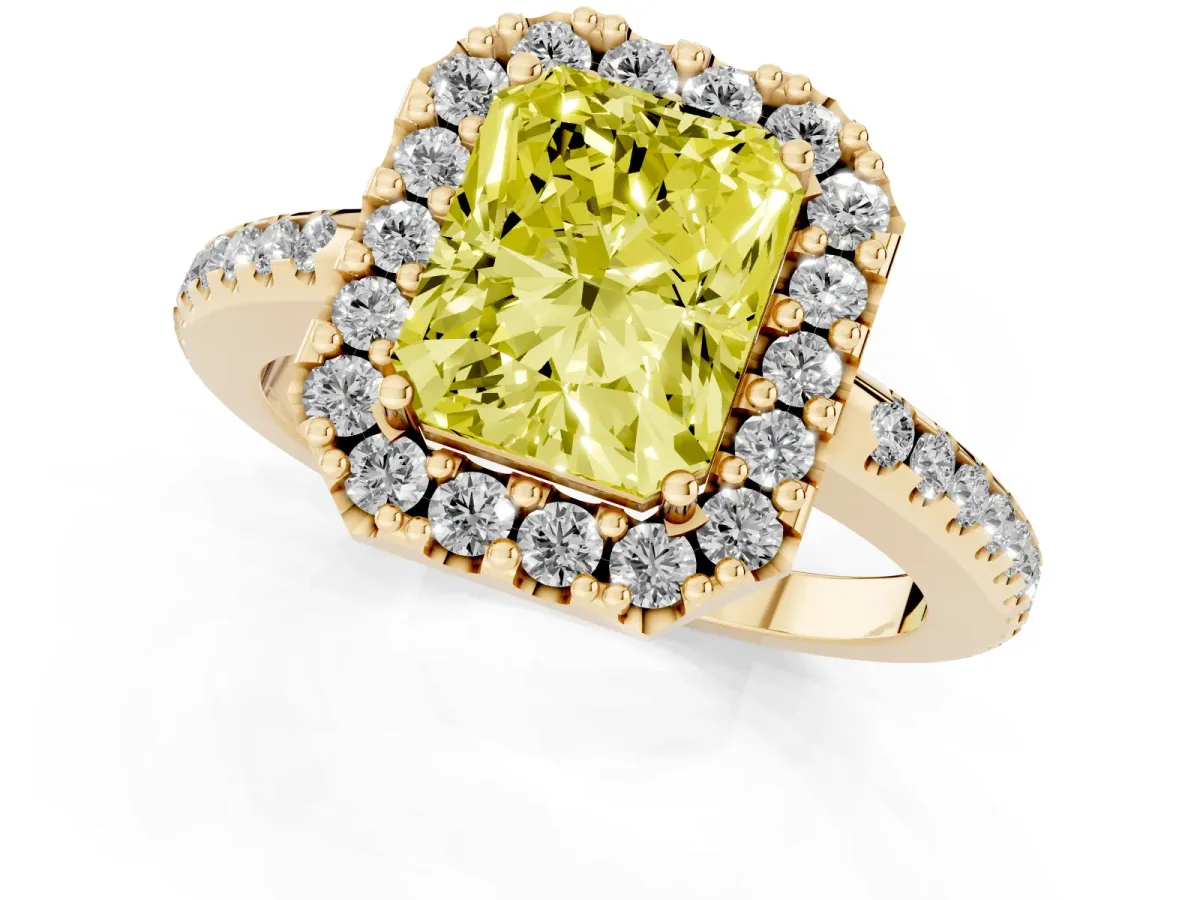 Fancy Yellow Radiant Cut Diamond Pavé Halo Ring with Four-Prong Setting Yellow gold