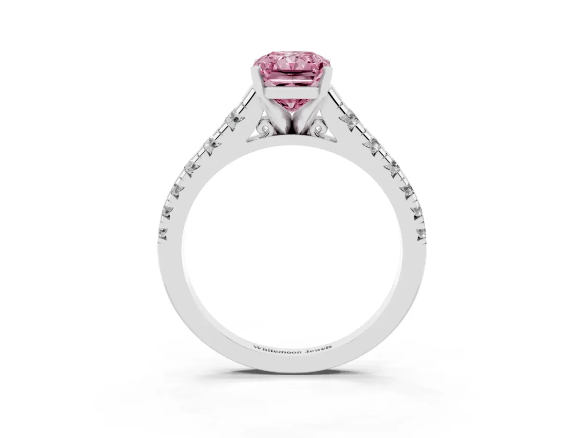 Fancy Pink Radiant Cut Diamond Cathedral Solitaire Ring with Round Pavé Band Platinum