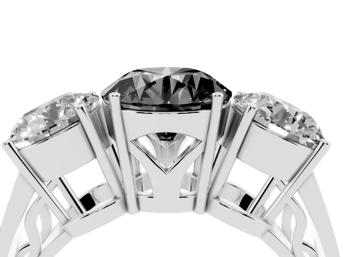 Fancy Black Round Cut Diamond Three-Stone Ring with Prong Setting and Textured Band Silver