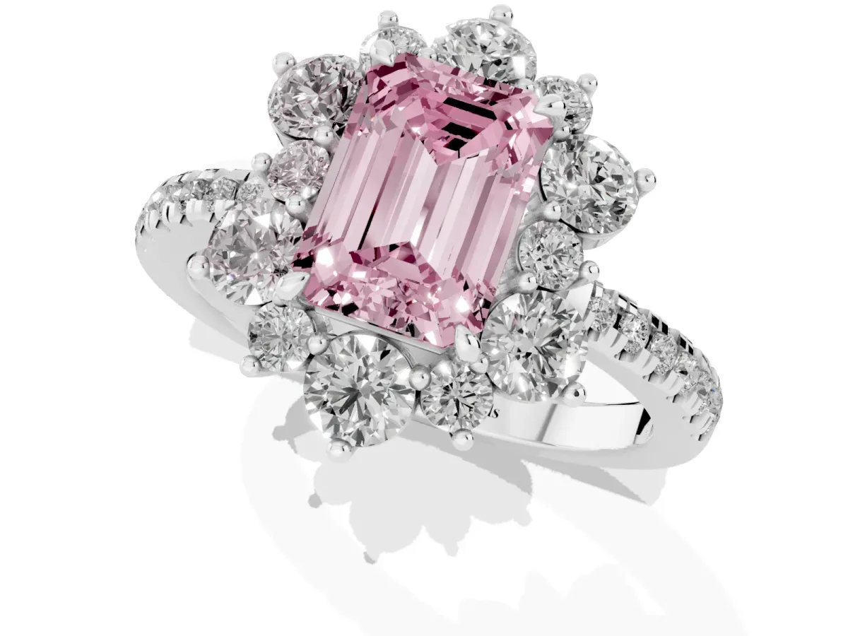 Fancy Pink Emerald Cut Diamond Floral Halo Ring with Round Pavé Band and Prong Setting Platinum
