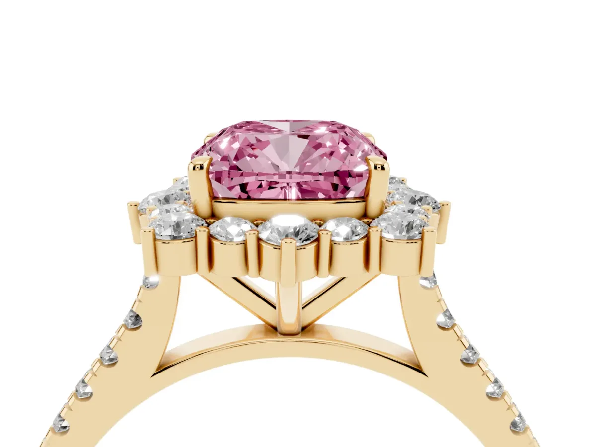 Fancy Pink Cushion Cut Halo Diamond Ring with Pavé Band and Prong Setting Yellow gold
