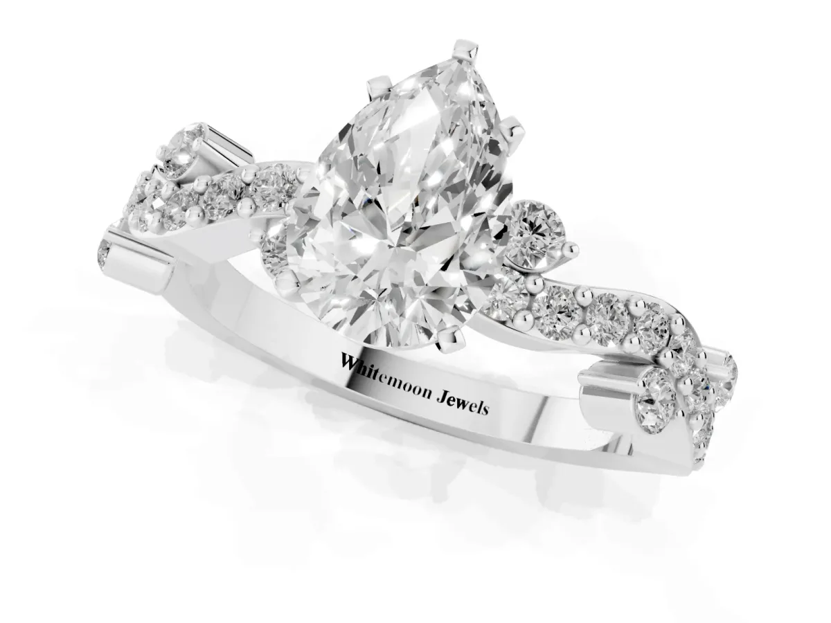 Pear Cut Cut Solitaire Diamond Twisted Band with Pave Setting Silver