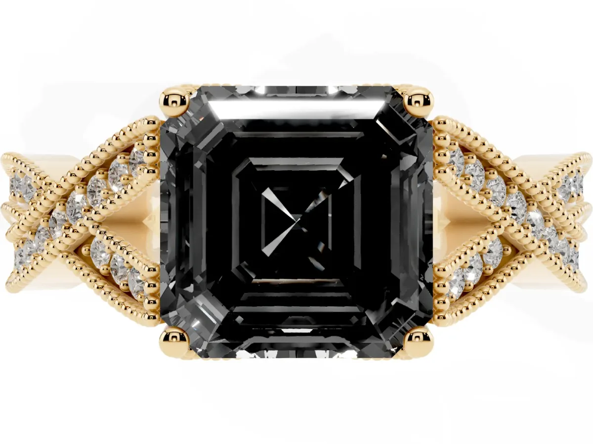 Fancy Black Asscher Cut Cut Diamond Twisted Band with Milgrain Pave Setting and Four-Prong Setting Yellow gold