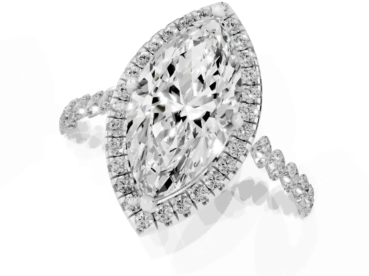 Marquise Cut Halo Pavé Diamond Engagement Ring with Four-Prong Setting Silver