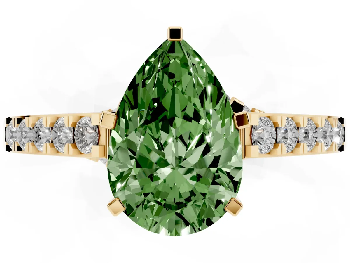 Fancy Green Pear Cut Diamond Solitaire Ring with Crossover Gallery and Round Pavé Band Yellow gold