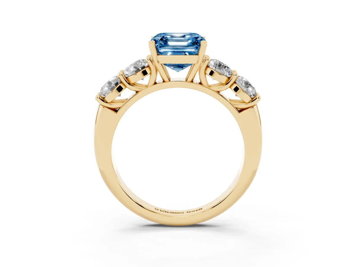 Fancy Blue Asscher Cut Cut Five-Stone Prong Set Diamond Ring with Classic Band Yellow gold
