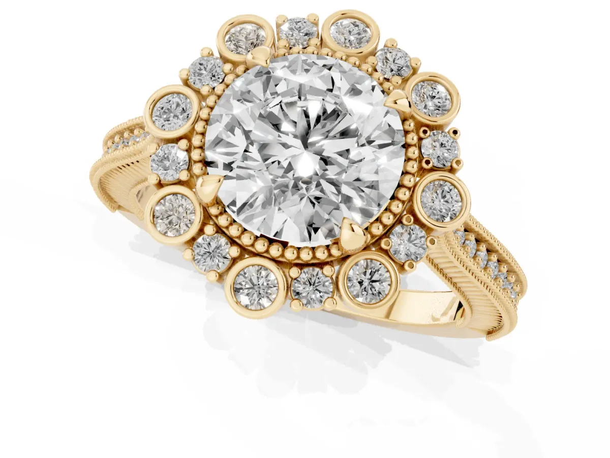 Round Cut Halo Milgrain Pave Diamond Ring with Four-Prong Setting Yellow gold