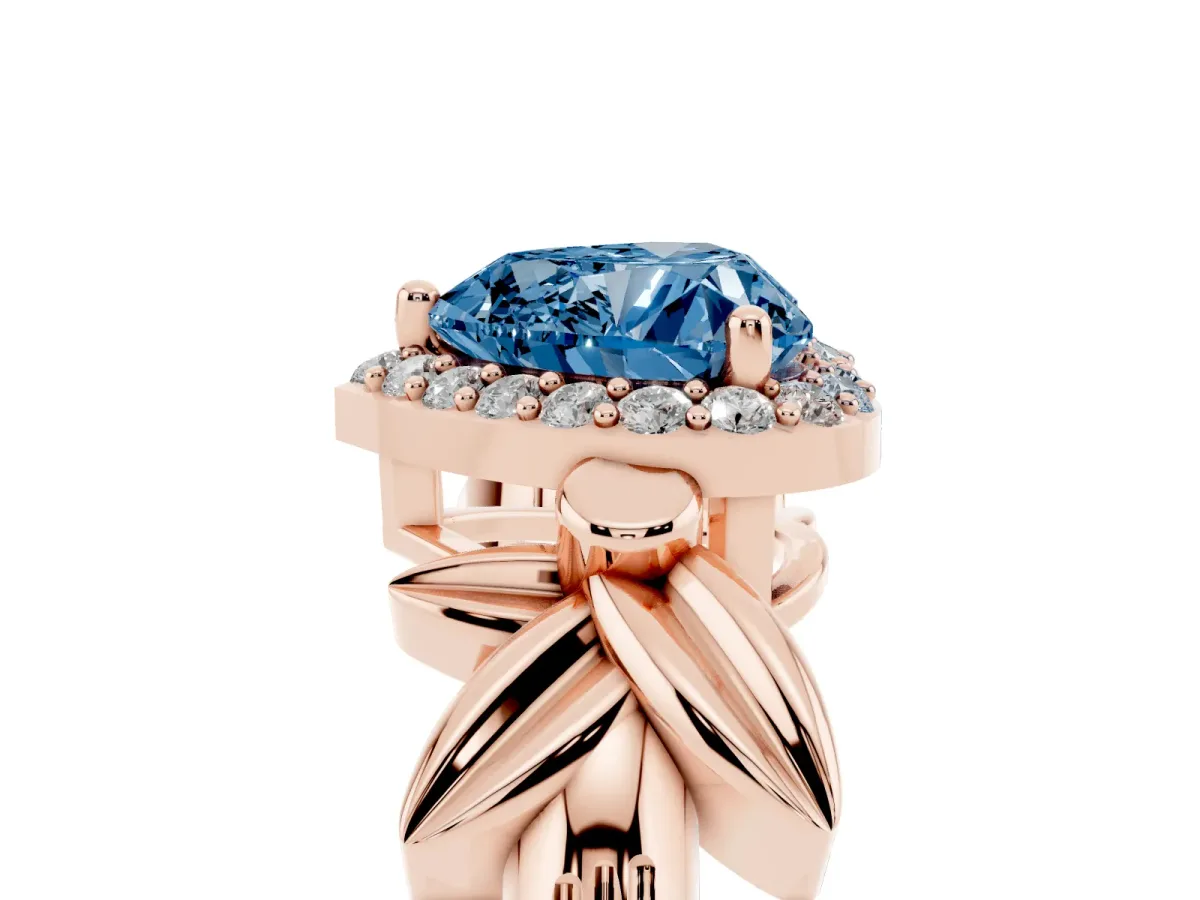 Fancy Blue Heart Cut Halo Diamond Floral Band with Four-Prong Setting Rose gold