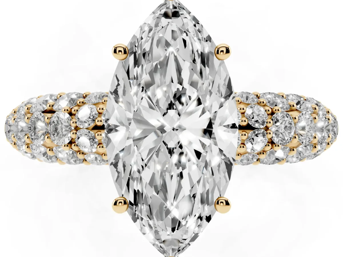 Marquise Cut Diamond Pavé Band Solitaire Ring with Four-Prong Setting Yellow gold