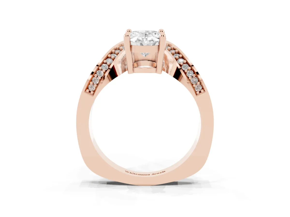 Oval Cut Solitaire Diamond Engagement Ring with Pave Band and Four-Prong Setting Rose gold